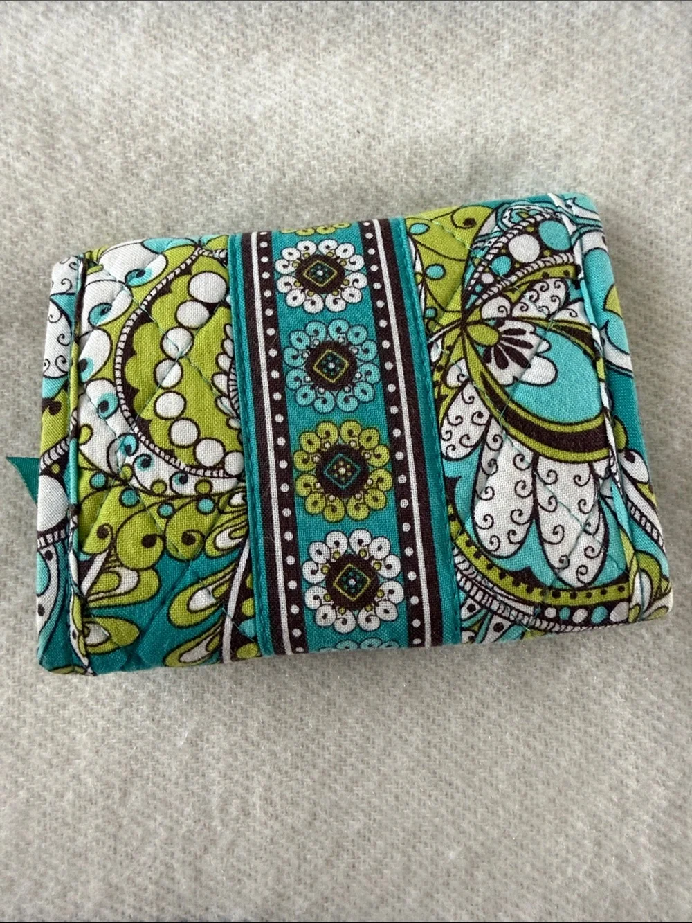 VERA Bradley Quilted Fold-Over Wallet in Teal and Lime Paisley